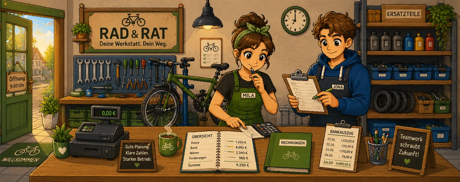 Mila und Jona in der Fahrradwerkstatt Rad und Rat am Eröffnungsmorgen.