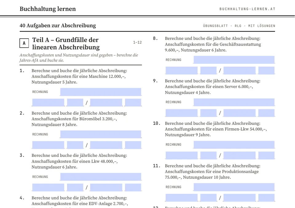 Ausschnitt aus dem Arbeitsblatt 40 Abschreibungen: Teil A mit Rechenzeile und ausfüllbaren Feldern für den Buchungssatz